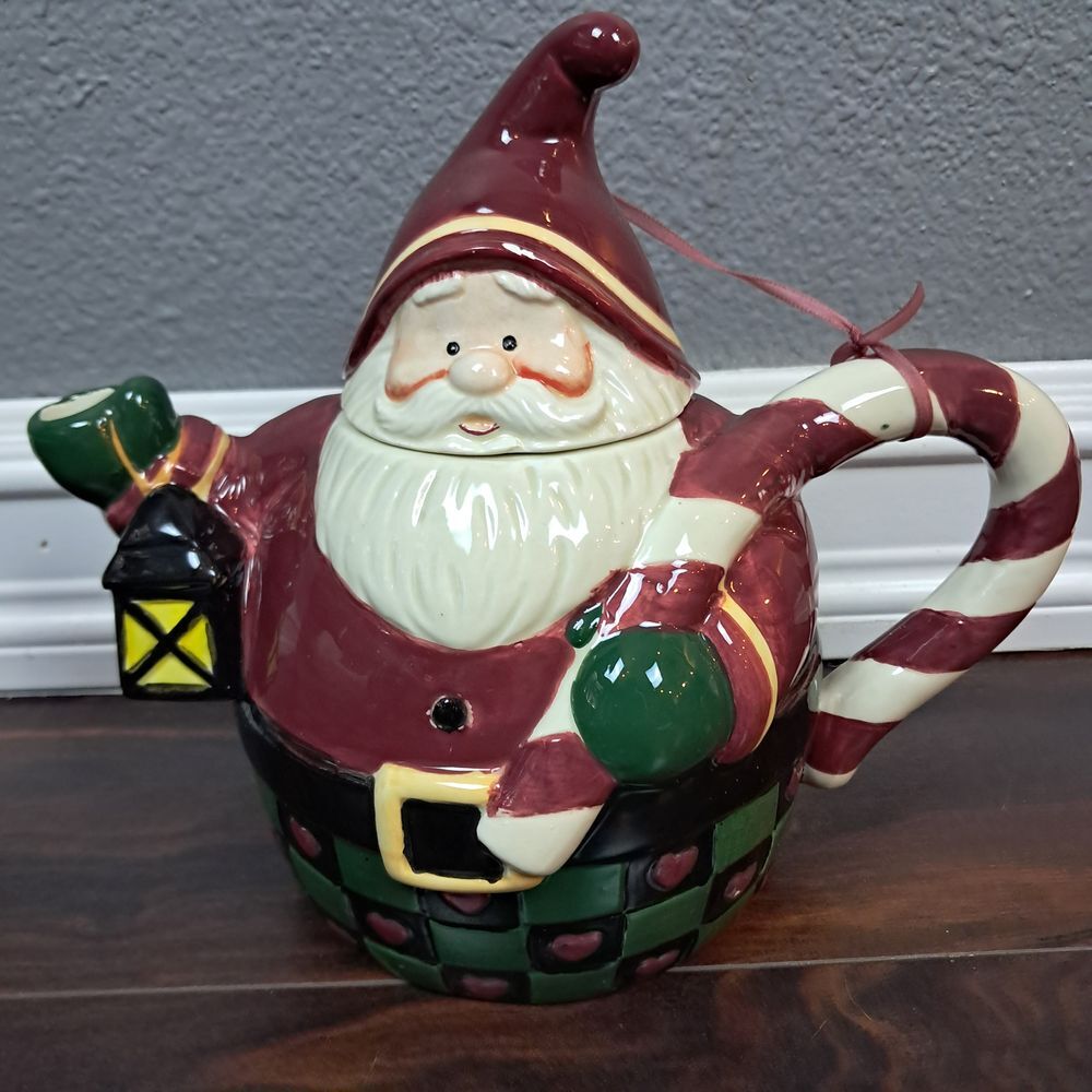 Vintage Christmas Santa Teapot Candy Cane Handle Ceramic Holiday Tea Pot Lantern